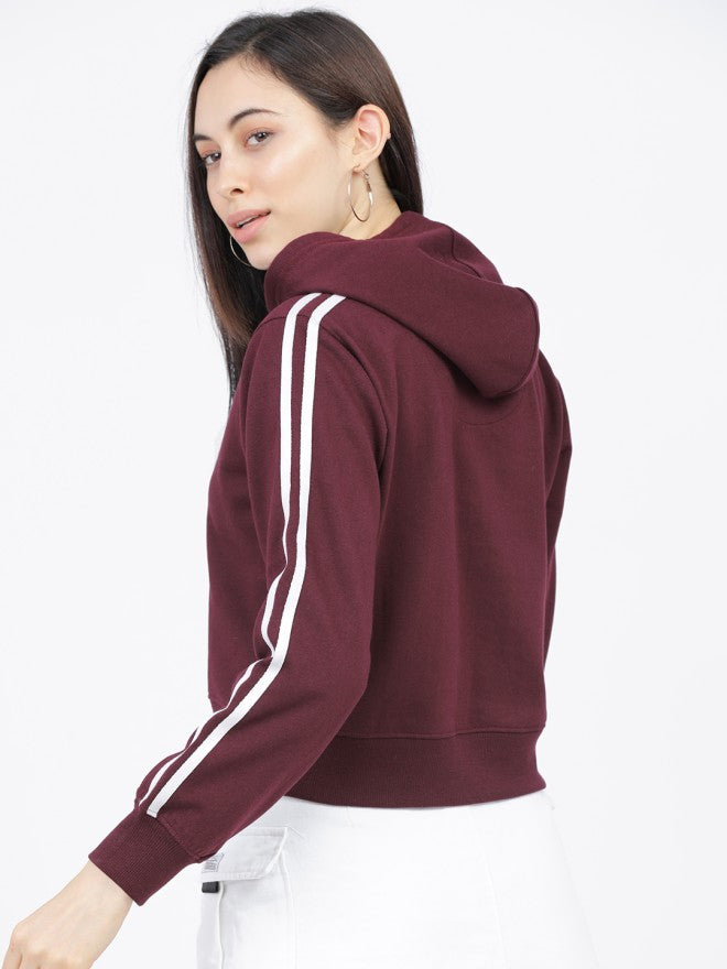 Tokyo Talkies Women Burgundy Solid Front Open Hood Sweatshirt - Burgundy - Image 2