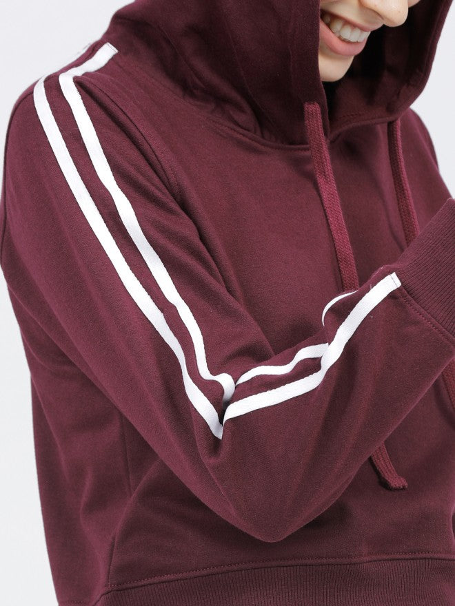 Tokyo Talkies Women Burgundy Solid Front Open Hood Sweatshirt - Burgundy - Image 3