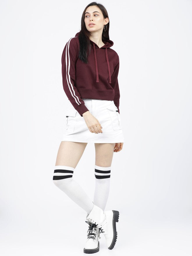Tokyo Talkies Women Burgundy Solid Front Open Hood Sweatshirt - Burgundy - Image 4