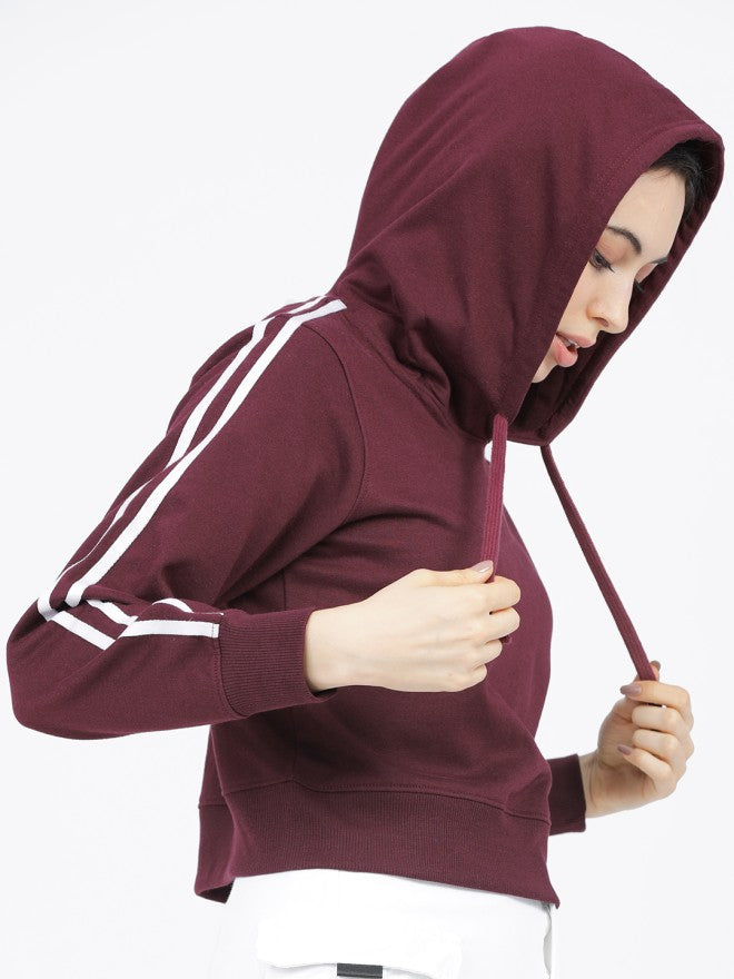 Tokyo Talkies Women Burgundy Solid Front Open Hood Sweatshirt - Burgundy - Image 5
