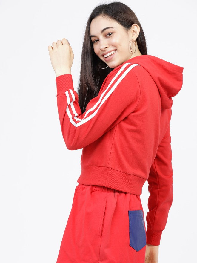 Tokyo Talkies Women Red Solid Pullover Hood Sweatshirt - Red - Image 1