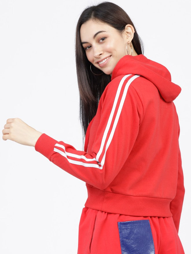 Tokyo Talkies Women Red Solid Pullover Hood Sweatshirt - Red - Image 2