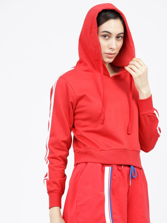 Tokyo Talkies Women Red Solid Pullover Hood Sweatshirt - Red - Image 5