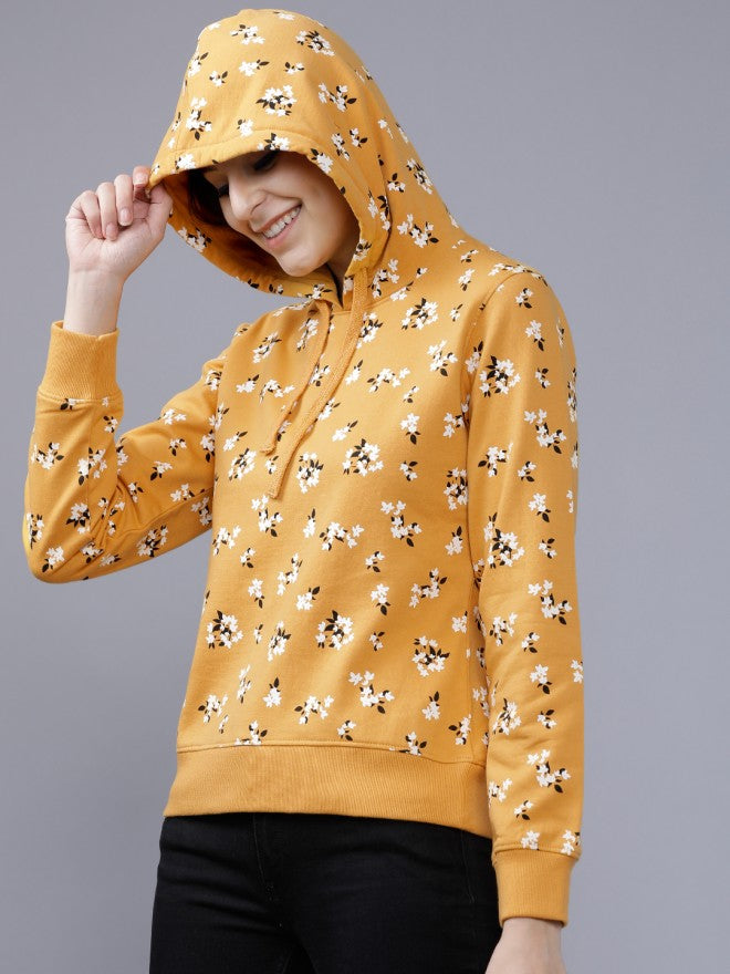 Tokyo Talkies Women Mustard Solid Pullover Hood Sweatshirt - Mustard - Image 1