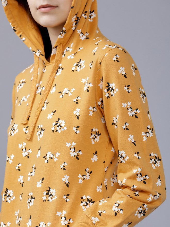 Tokyo Talkies Women Mustard Solid Pullover Hood Sweatshirt - Mustard - Image 3