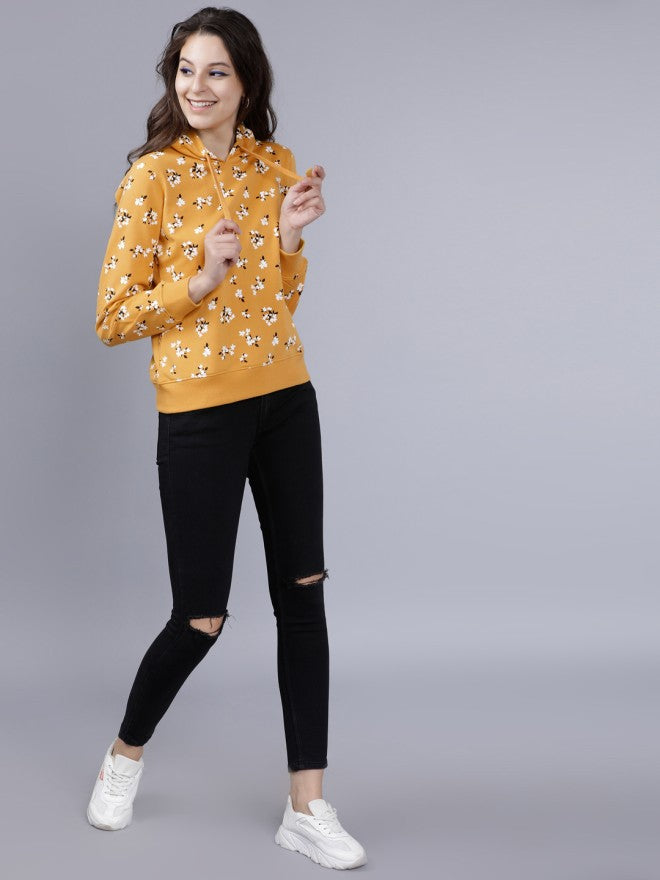 Tokyo Talkies Women Mustard Solid Pullover Hood Sweatshirt - Mustard - Image 4