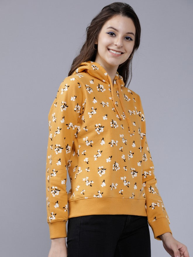 Tokyo Talkies Women Mustard Solid Pullover Hood Sweatshirt - Mustard - Image 5