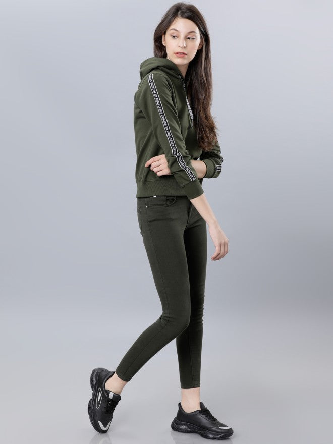 Tokyo Talkies Women Olive Solid Pullover Round Neck Sweatshirt - Olive - Image 4