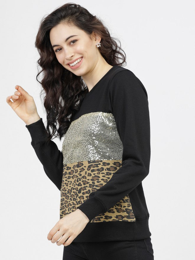 Tokyo Talkies Women Black Solid Pullover Round Neck Sweatshirt - Black - Image 1