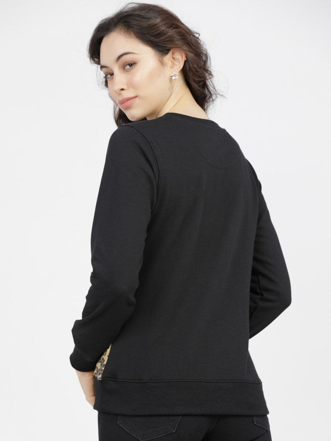 Tokyo Talkies Women Black Solid Pullover Round Neck Sweatshirt - Black - Image 2