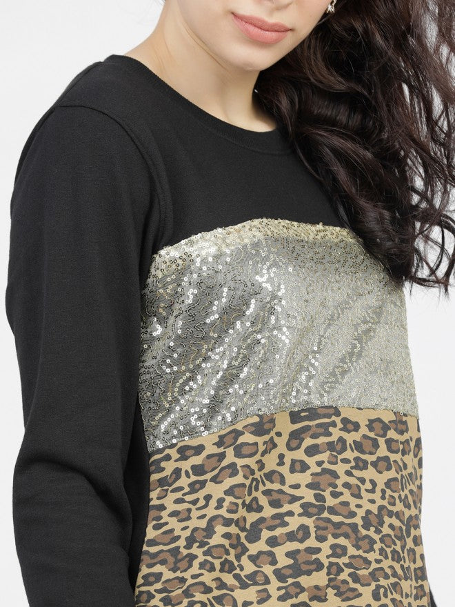 Tokyo Talkies Women Black Solid Pullover Round Neck Sweatshirt - Black - Image 3