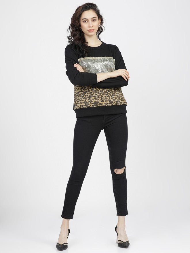 Tokyo Talkies Women Black Solid Pullover Round Neck Sweatshirt - Black - Image 4