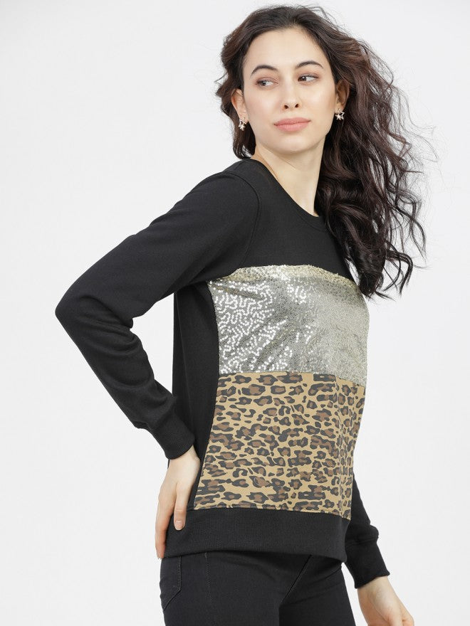 Tokyo Talkies Women Black Solid Pullover Round Neck Sweatshirt - Black - Image 5