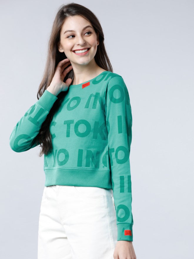 Tokyo Talkies Women Green Solid Pullover Round Neck Sweatshirt - Green - Image 1