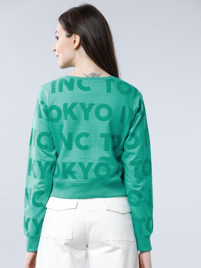 Tokyo Talkies Women Green Solid Pullover Round Neck Sweatshirt - Green - Image 2