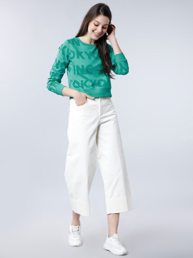 Tokyo Talkies Women Green Solid Pullover Round Neck Sweatshirt - Green - Image 4