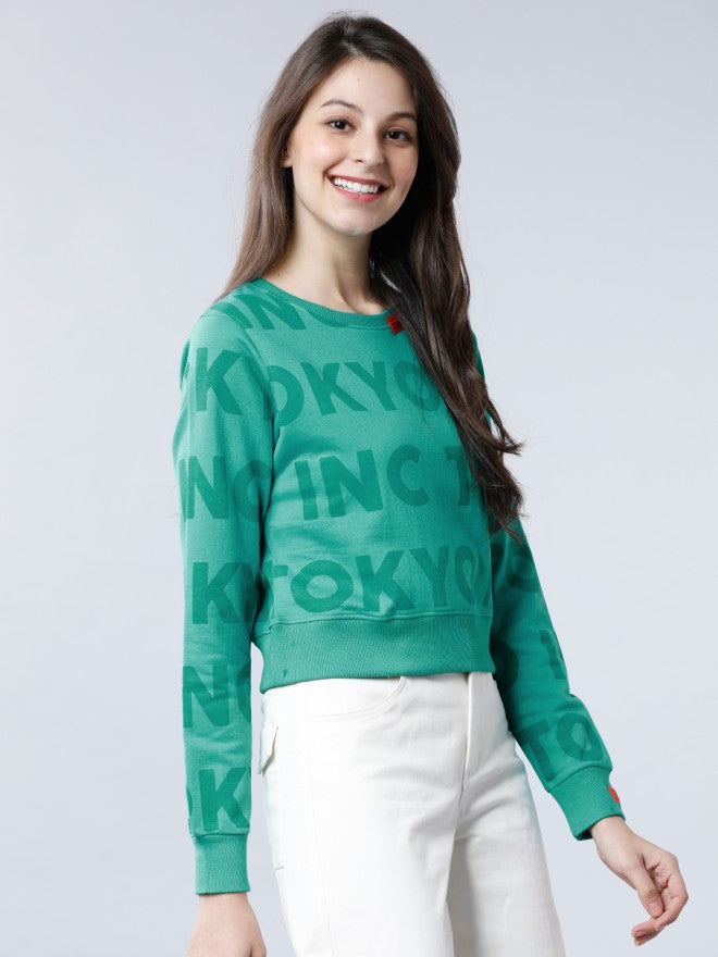 Tokyo Talkies Women Green Solid Pullover Round Neck Sweatshirt - Green - Image 5