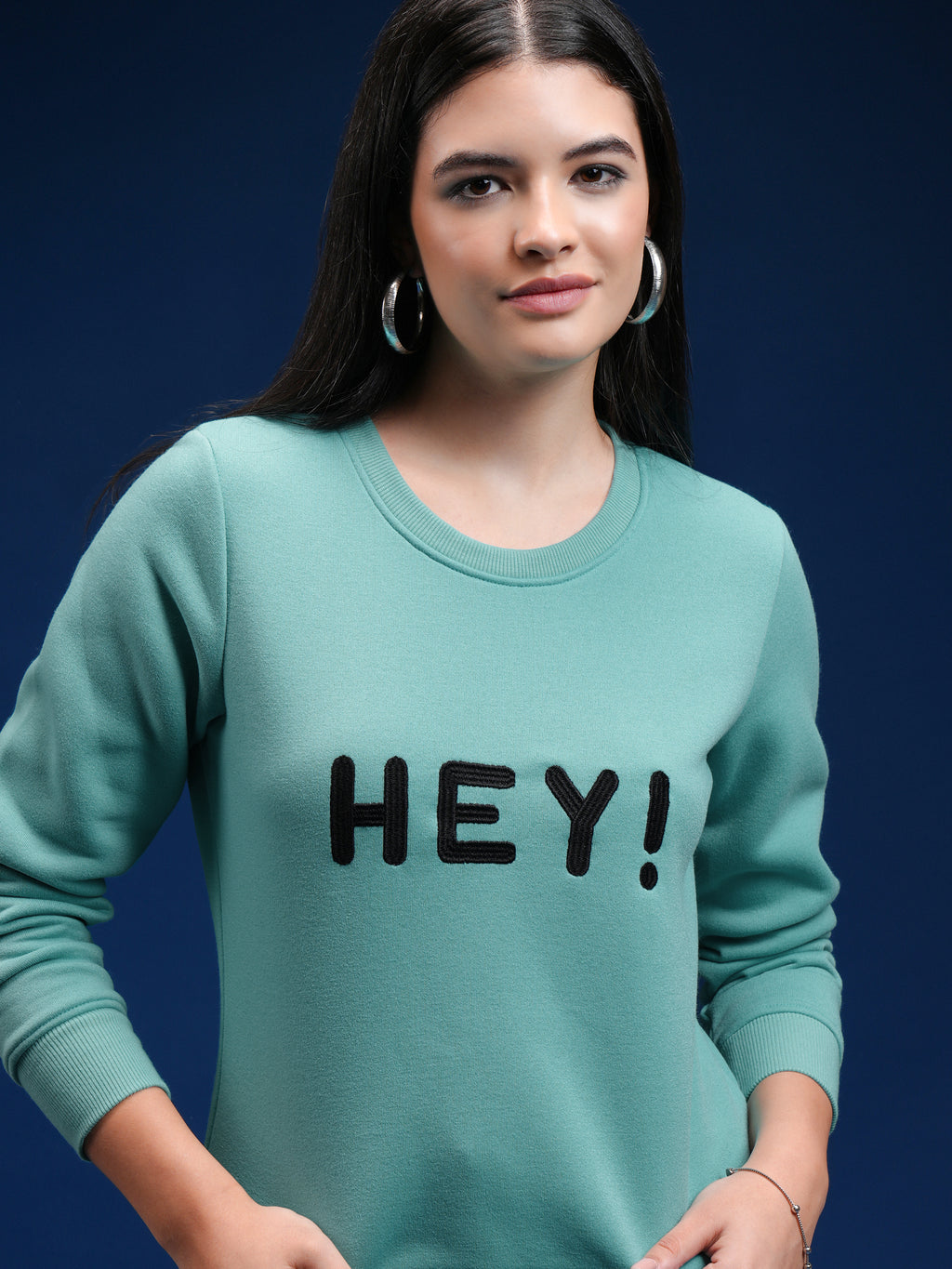 Tokyo Talkies Women Green Solid Pullover Round Neck Sweatshirt - Green - Image 1