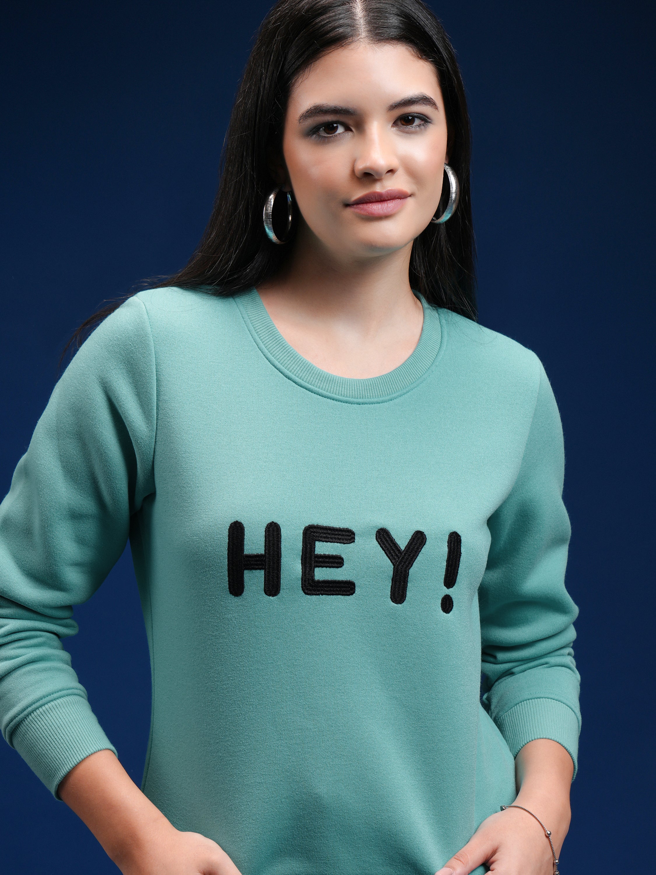 Tokyo Talkies Women Green Solid Pullover Round Neck Sweatshirt - Green - Image 1