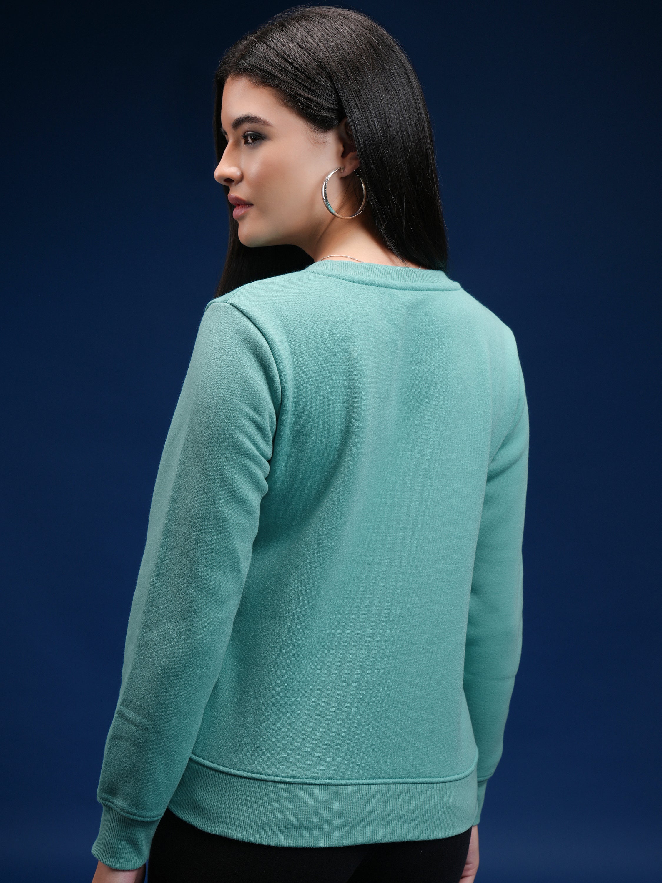 Tokyo Talkies Women Green Solid Pullover Round Neck Sweatshirt - Green - Image 3