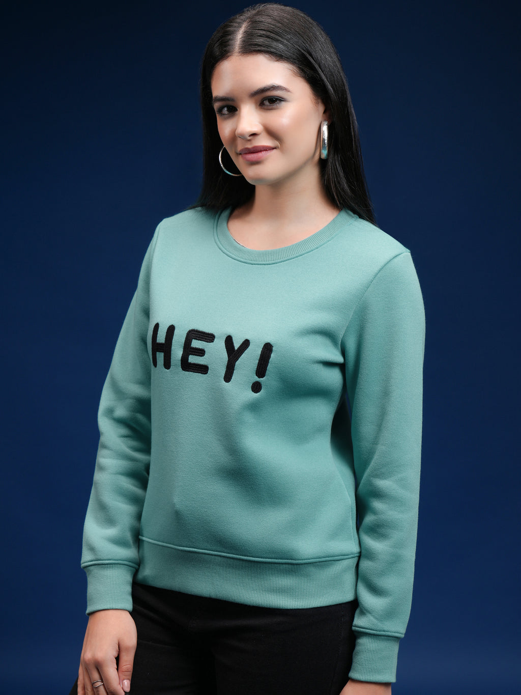 Tokyo Talkies Women Green Solid Pullover Round Neck Sweatshirt - Green - Image 4