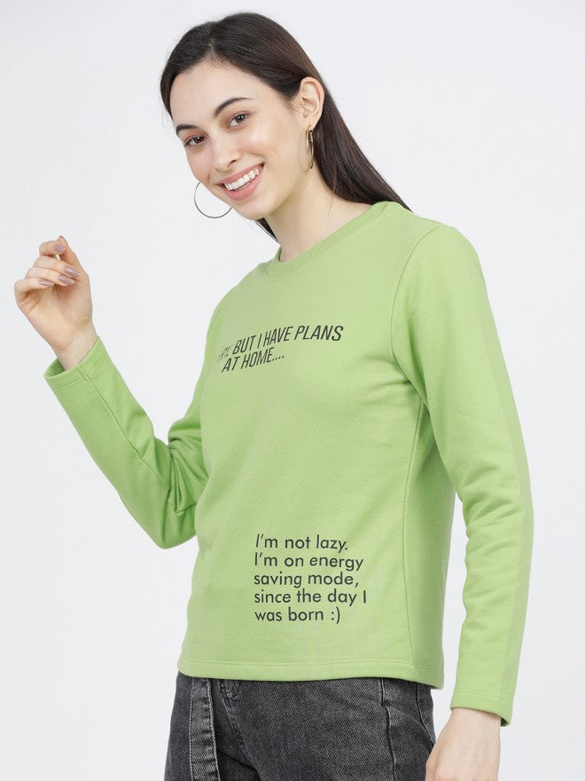 Tokyo Talkies Women Green Printed Pullover Round Neck Sweatshirt - Green - Image 1