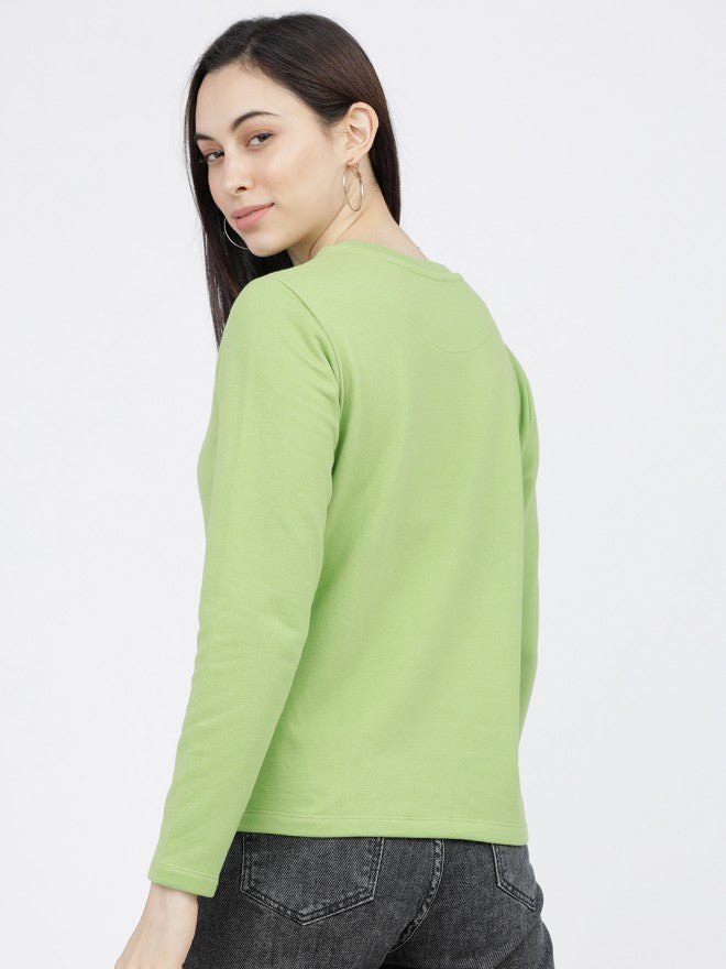 Tokyo Talkies Women Green Printed Pullover Round Neck Sweatshirt - Green - Image 2
