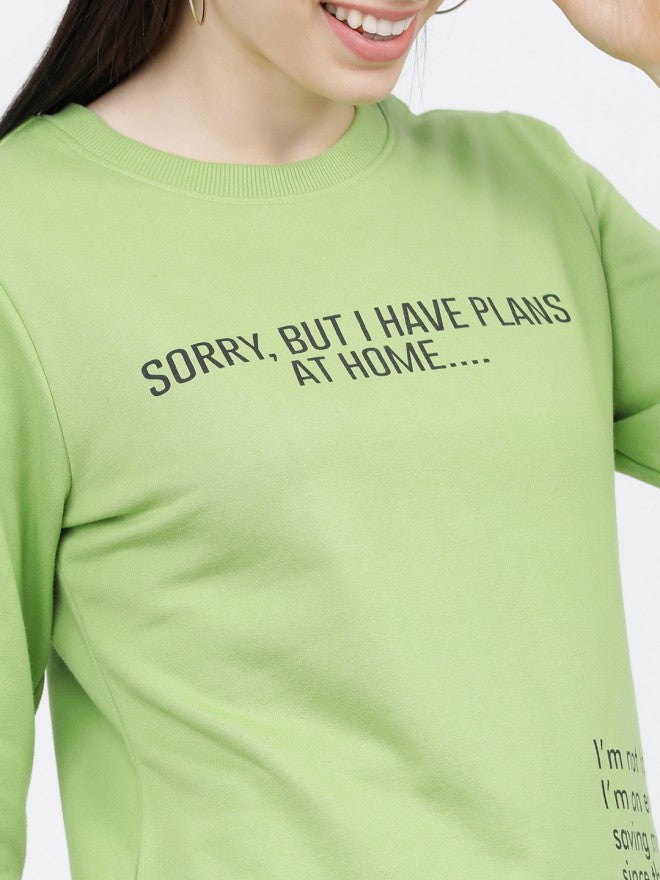 Tokyo Talkies Women Green Printed Pullover Round Neck Sweatshirt - Green - Image 3