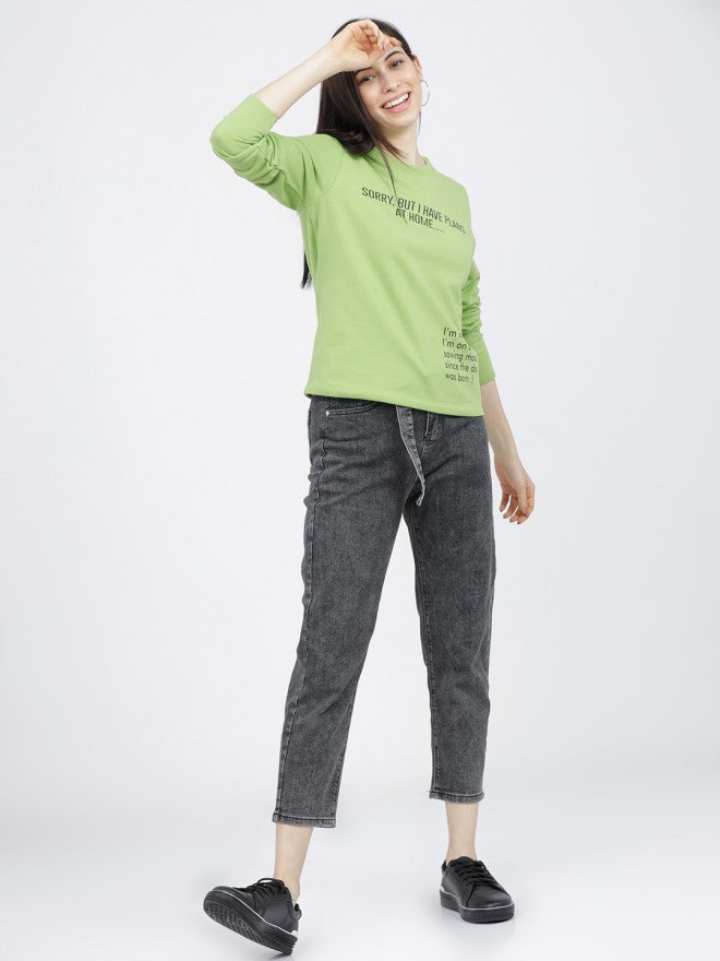 Tokyo Talkies Women Green Printed Pullover Round Neck Sweatshirt - Green - Image 4