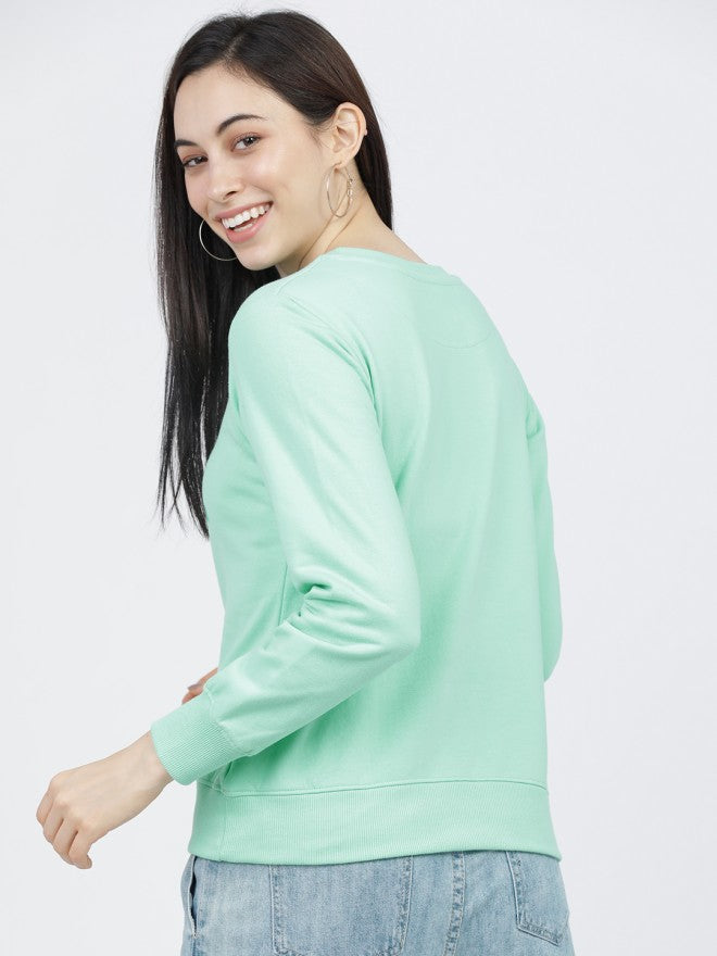 Tokyo Talkies Women Green Printed Pullover Round Neck Sweatshirt - Green - Image 2