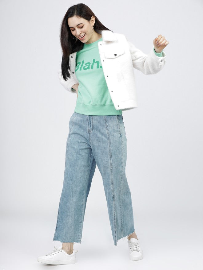 Tokyo Talkies Women Green Printed Pullover Round Neck Sweatshirt - Green - Image 4