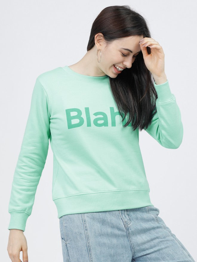 Tokyo Talkies Women Green Printed Pullover Round Neck Sweatshirt - Green - Image 5