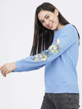 Tokyo Talkies Women Blue Embroidered Pullover Round Neck Sweatshirt - Blue - Image 1