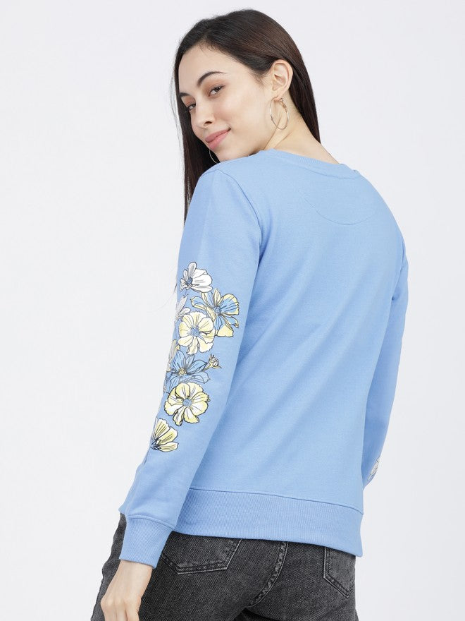 Tokyo Talkies Women Blue Embroidered Pullover Round Neck Sweatshirt - Blue - Image 2