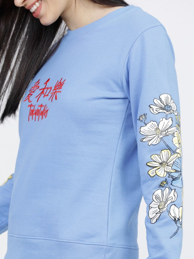 Tokyo Talkies Women Blue Embroidered Pullover Round Neck Sweatshirt - Blue - Image 3
