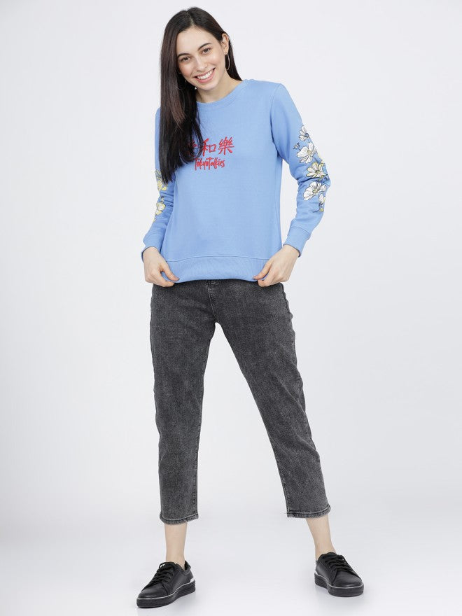 Tokyo Talkies Women Blue Embroidered Pullover Round Neck Sweatshirt - Blue - Image 4