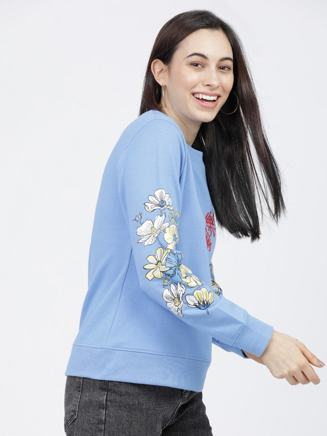 Tokyo Talkies Women Blue Embroidered Pullover Round Neck Sweatshirt - Blue - Image 5