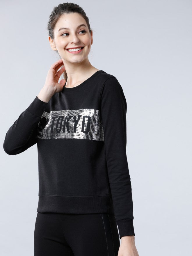 Tokyo Talkies Women Black Printed Pullover Round Neck Sweatshirt - Black - Image 1