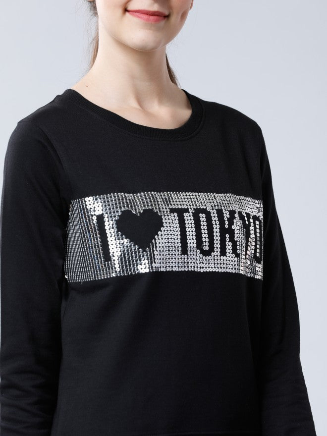 Tokyo Talkies Women Black Printed Pullover Round Neck Sweatshirt - Black - Image 3