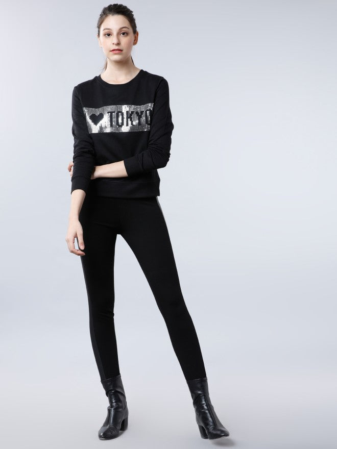 Tokyo Talkies Women Black Printed Pullover Round Neck Sweatshirt - Black - Image 4