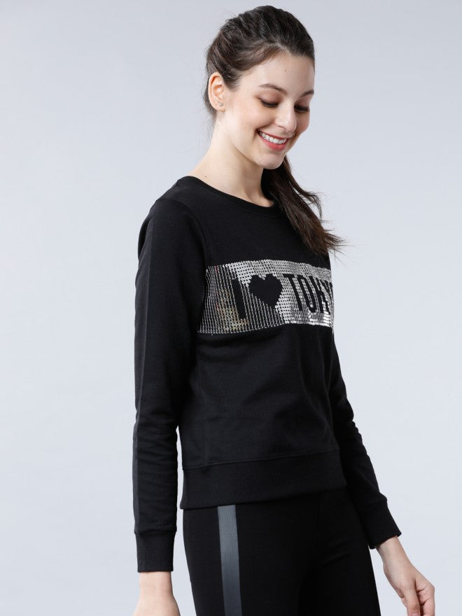 Tokyo Talkies Women Black Printed Pullover Round Neck Sweatshirt - Black - Image 5