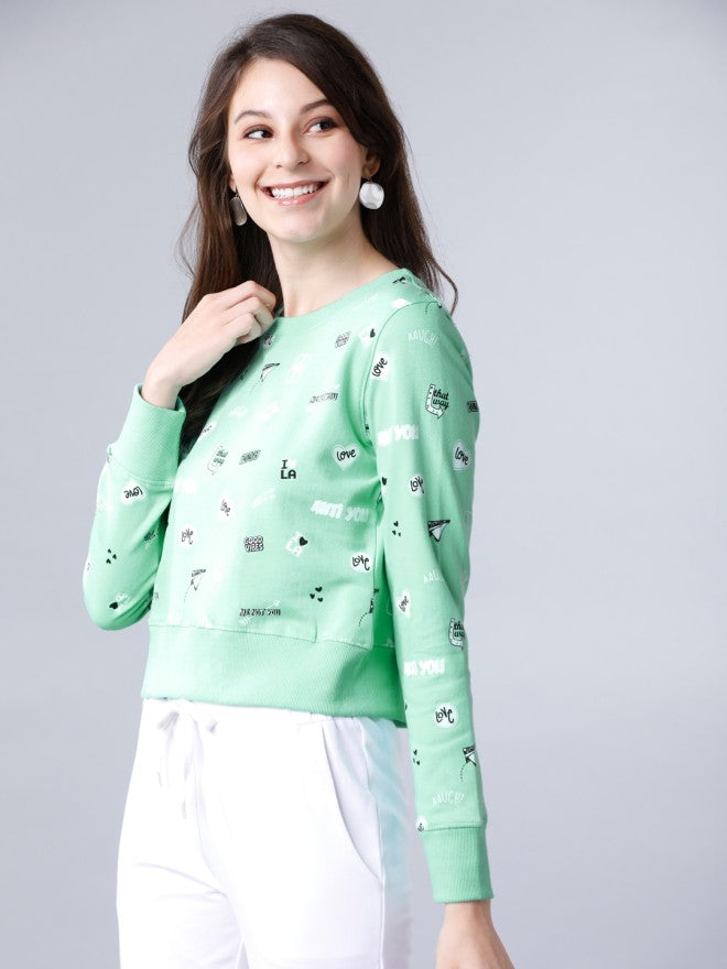 Tokyo Talkies Women Green Solid Pullover Round Neck Sweatshirt - Green - Image 1