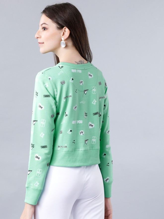 Tokyo Talkies Women Green Solid Pullover Round Neck Sweatshirt - Green - Image 2