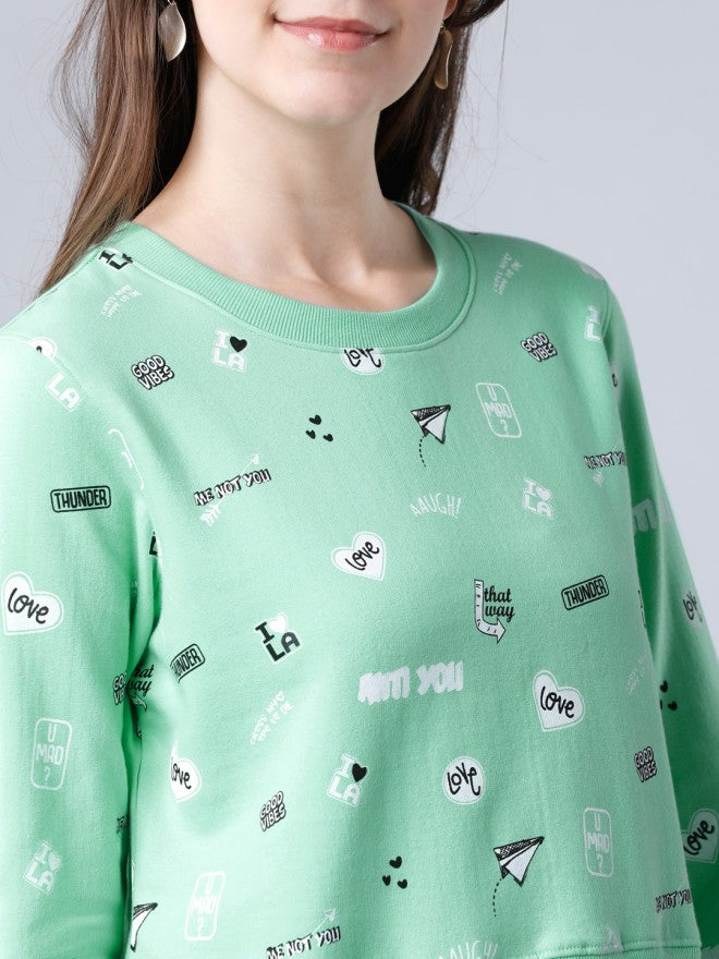 Tokyo Talkies Women Green Solid Pullover Round Neck Sweatshirt - Green - Image 3