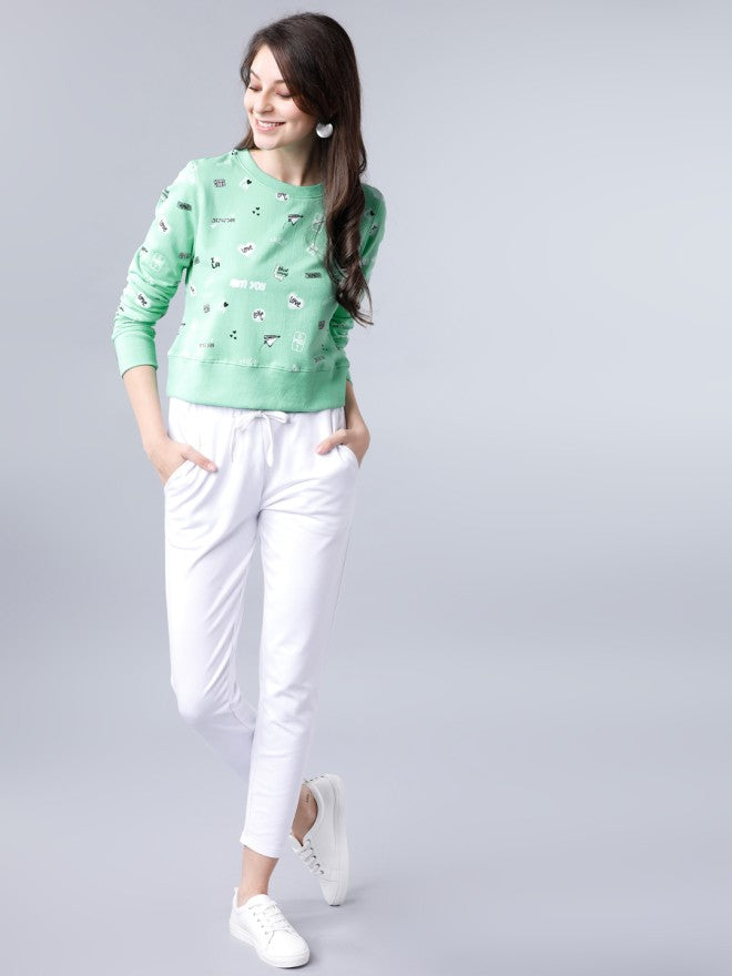 Tokyo Talkies Women Green Solid Pullover Round Neck Sweatshirt - Green - Image 4