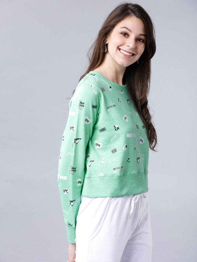 Tokyo Talkies Women Green Solid Pullover Round Neck Sweatshirt - Green - Image 5