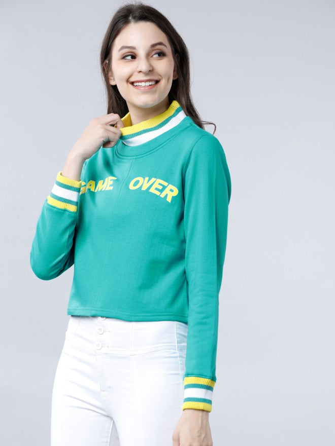 Tokyo Talkies Women Green Printed Pullover Round Neck Sweatshirt - Green - Image 1