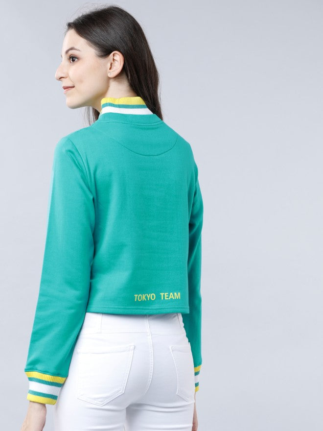 Tokyo Talkies Women Green Printed Pullover Round Neck Sweatshirt - Green - Image 2