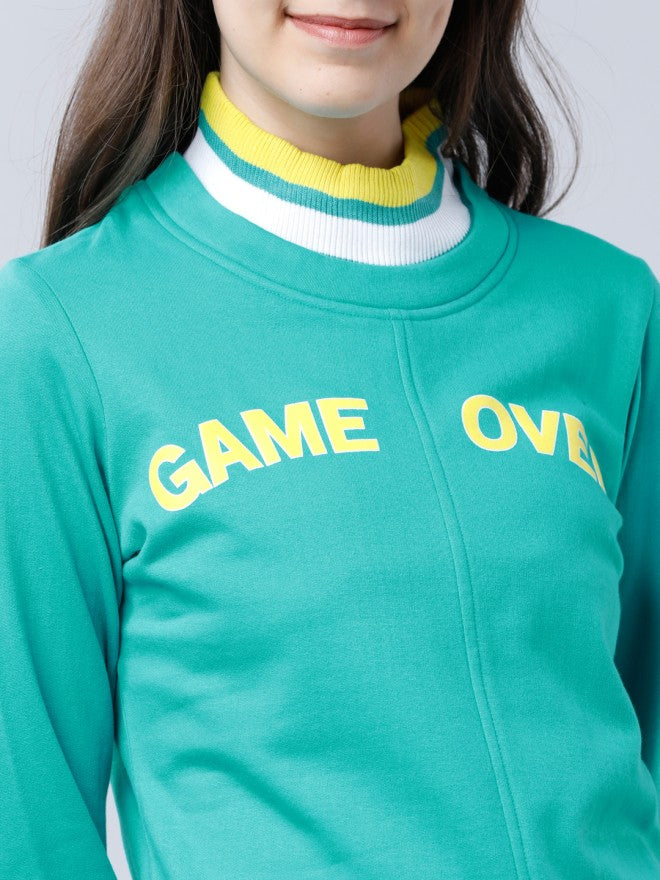 Tokyo Talkies Women Green Printed Pullover Round Neck Sweatshirt - Green - Image 3