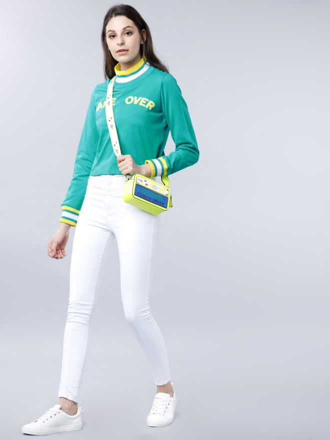 Tokyo Talkies Women Green Printed Pullover Round Neck Sweatshirt - Green - Image 4